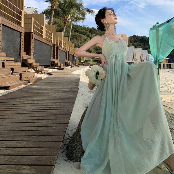 2025 Seaside vacation purple v-neck halter neck dress for women, super good-looking temperament long dress, good-looking skirt for photos