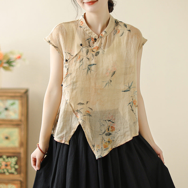 Cotton and linen new Chinese-style diagonal placket-button sleeveless shirt  summer national style printing retro literary temperament top women