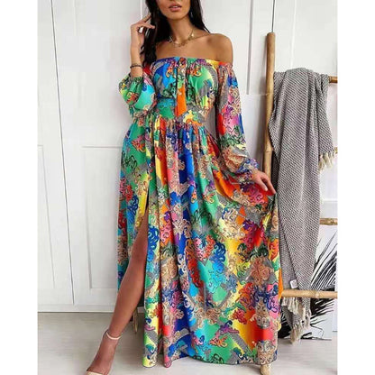 FLOWERSVERSE 2025 New 2025 summer women's dress round neck temperament commuting elastic waist casual pendulum printed skirt