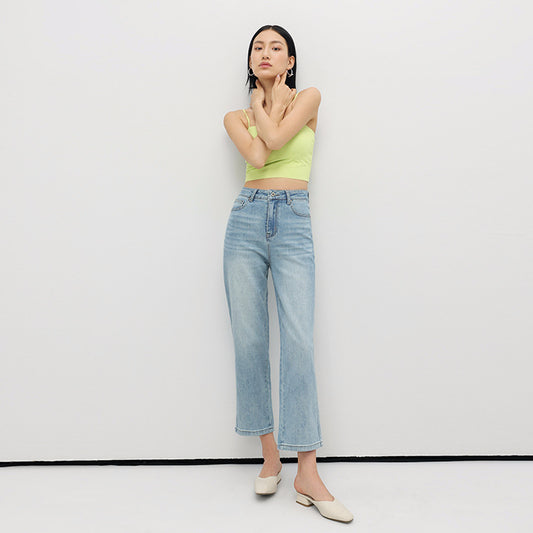 2025 Spring and Autumn  high waist high and thin nine-point women's denim straight pants elastic jeans