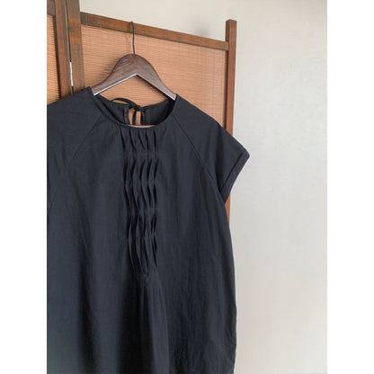 Japanese retro loose pleated crew neck lace-up shirt women's summer high-end casual versatile small flying sleeve shirt thin