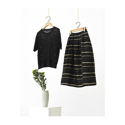 2025 spring and summer women's long skirt, blended elastic waist black rice striped literary and versatile medium and long skirt A0538