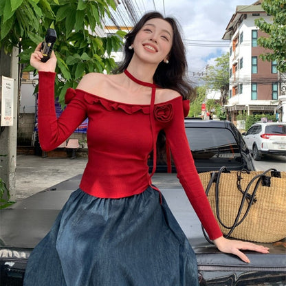 2025 Thirteen Lines  Spring New One-Neck Three-dimensional Flower ins Slim-fit Knitted Sweater Sweater 25208