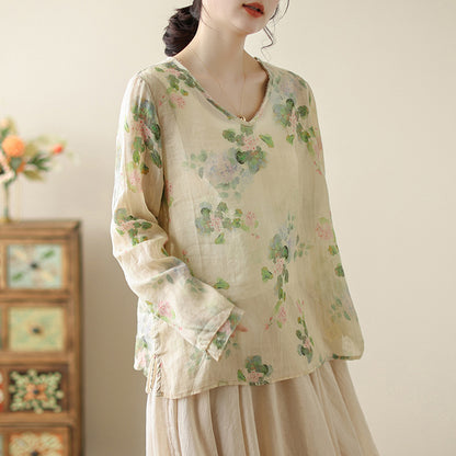 Cotton and linen printed V-neck burr top women's short literary Zen shirt summer tea clothing temperament cold wind shirt women