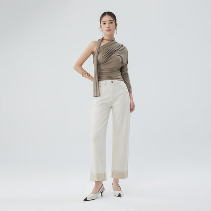 2025 Summer new Xinjiang long-staple cotton micro-elastic anti-wrinkle large-flanged women's clothing denim nine-point wide-leg pants straight-leg pants