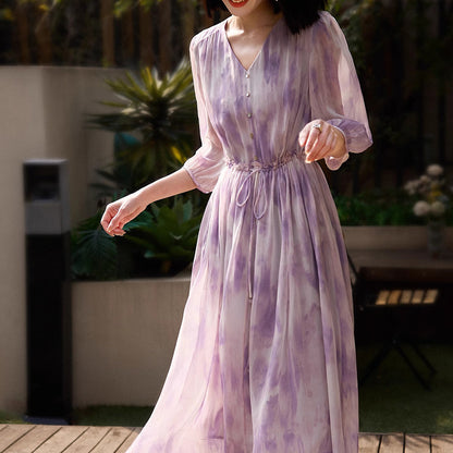 2025 Xiaoxian purple dress, smudge gradual change purple 100% mulberry silk waist printing dress  summer new women's clothing