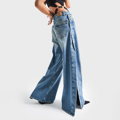 Popular trade women Street style side breasted high split wide leg jeans women's trend casual versatile trousers