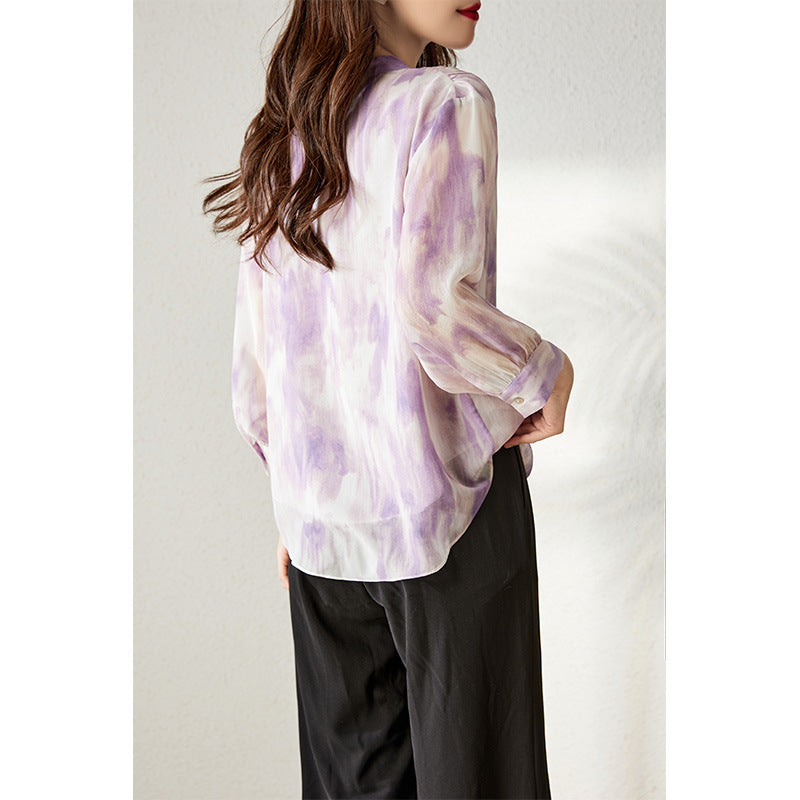 2025 Purple  silk shirt V-neck heavy double-layer mulberry silk shirt  summer women's printed top