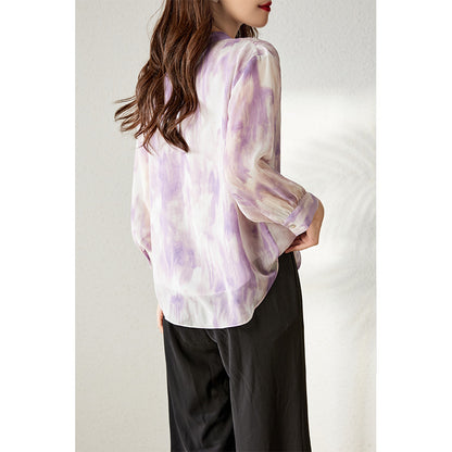 2025 Purple  silk shirt V-neck heavy double-layer mulberry silk shirt  summer women's printed top