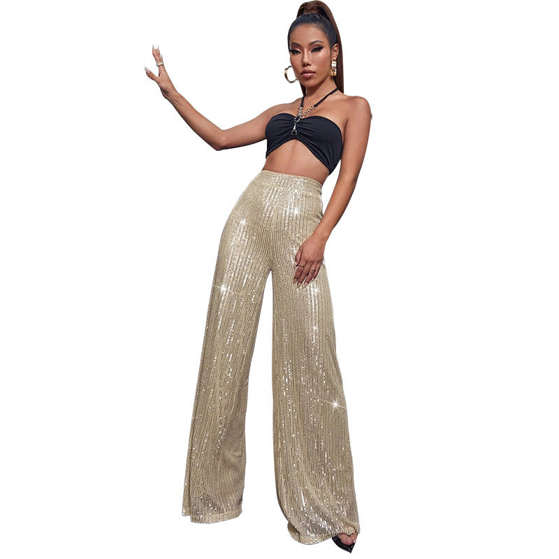 flowersverse HOT and NEW Cross Border Women's Pants Women's Autumn and Winter Trousers  High Waist Wide Leg Pants Draping Effect Sequined Casual Pants for Women