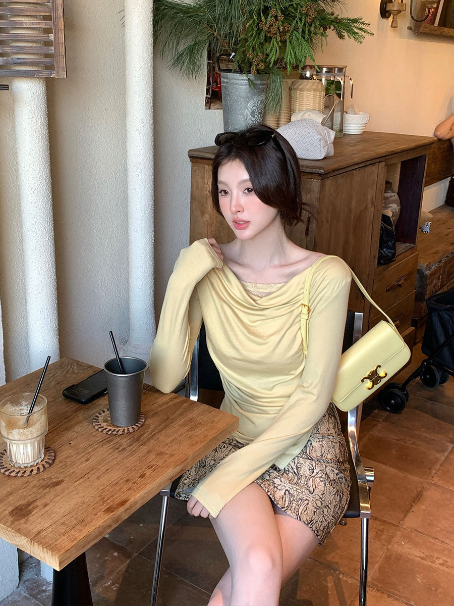 2025 Thirteen Lines  Spring New Korean Edition Temperament Lace Swing Neck Bottom Shirt Long Sleeve Top 89209
