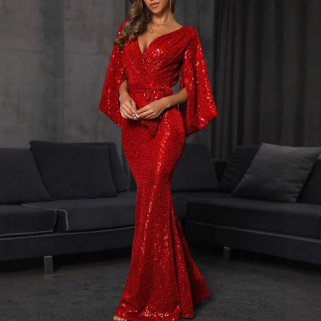 FLOWERSVERSE 2025 spring and summer 2025 Popular trade new sexy dress split color sequins long floor mopping evening dress dress