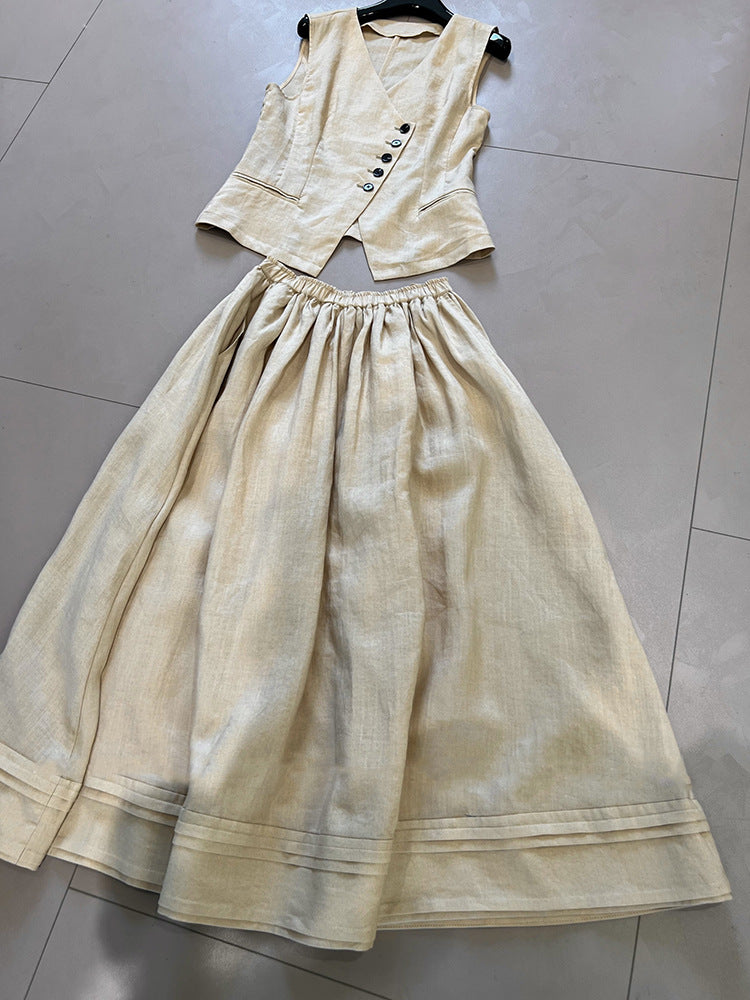 2025 spring and summer designer minimalist old money style suit, linen V-neck vest vest + elastic pendulum skirt