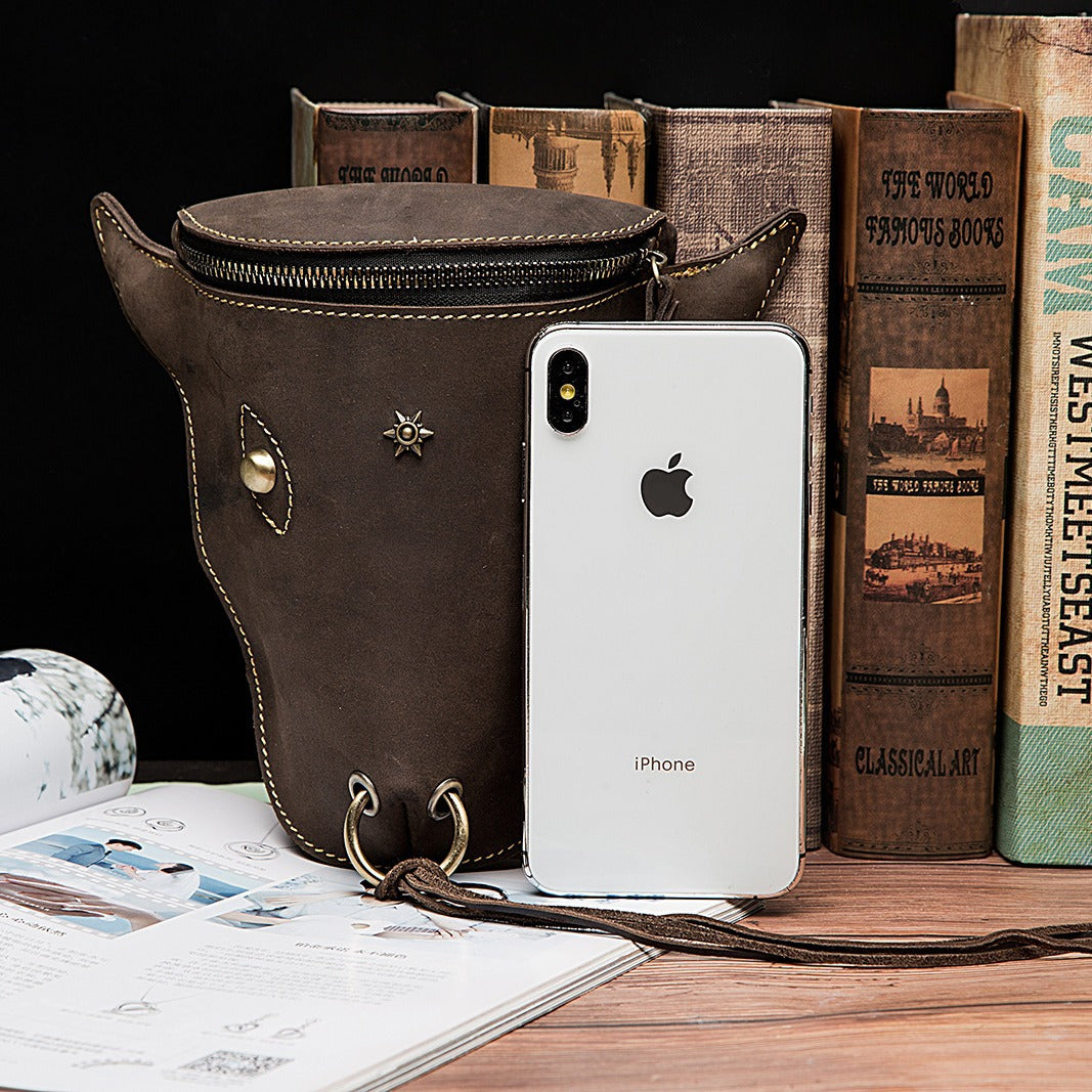 FLOWERSVERSE New Top Layer Crazy Horse Skin Cowhide Foreign Trade Men's Retro Cool Cow Head Large Capacity 7-Inch Waist Bag Leg Bag 835