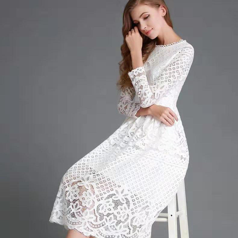 Popular trade autumn new women's dress round neck hollow simple lace long sleeve slim fit medium and long dress