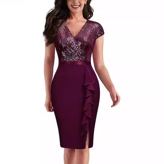 FLOWERSVERSE popular   Black Gold Double Spell Solid Color Temperament Commuter High Waist Fashion Sequin Dress