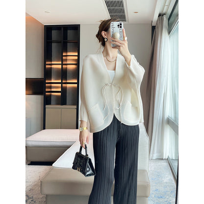 Folds  autumn new Chinese style improved button short coat women's zen temperament versatile white top women
