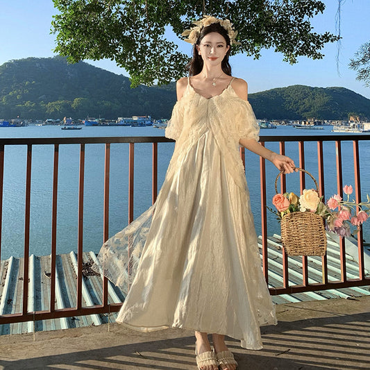 2025 High-end heavy industry butterfly embroidery off-the-shoulder suspender dress for women's summer super fairy Sanya seaside photo long skirt