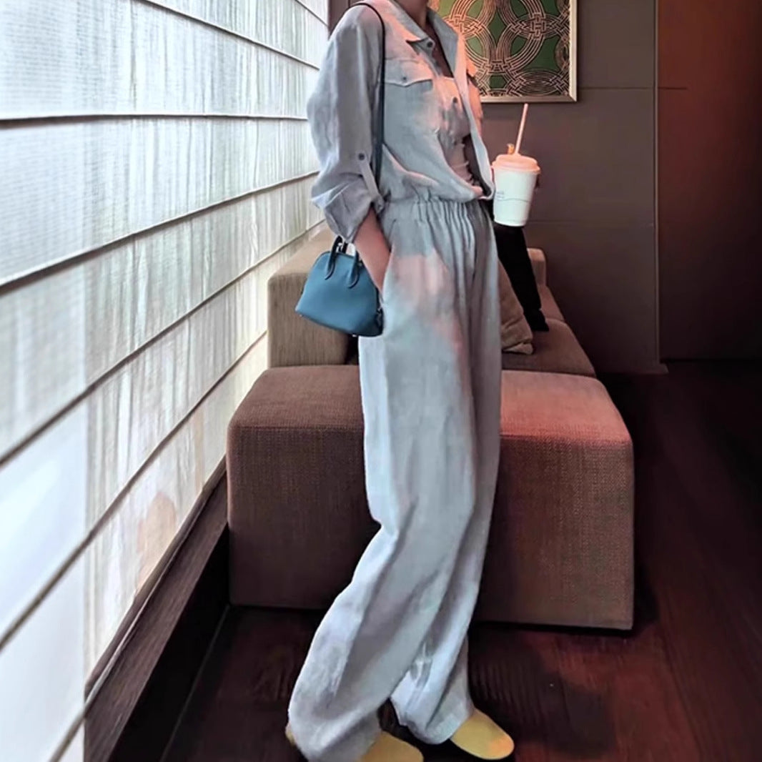 2025 Korean high-end relaxation wear, blue shirt, trousers, linen suit, women's clothing  spring match, a complete set