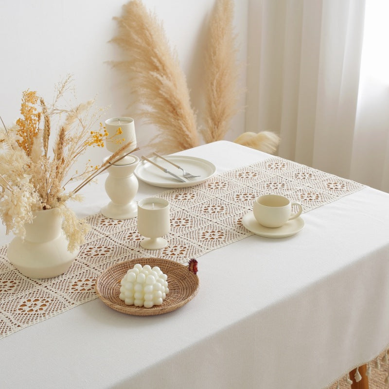 2025 Lexuanxiu New tablecloth wholesale cotton and linen thickened hollow phoenix tail splicing simple ins log wind picnic tablecloth