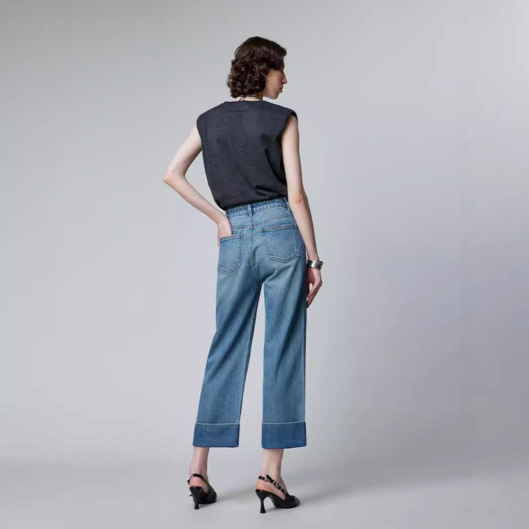 2025 popular new autumn women's nine-point pants, high-waisted retro blue jeans, black denim nine-point pants with flip edges