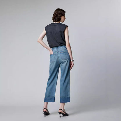 2025 popular new autumn women's nine-point pants, high-waisted retro blue jeans, black denim nine-point pants with flip edges