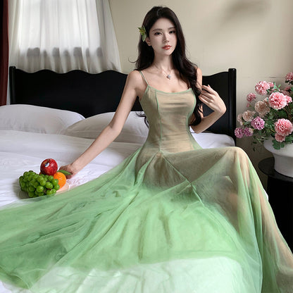 2025 atmosphere super good-looking suspender dress women's summer gentle wind waist thin mesh a word fairy dress
