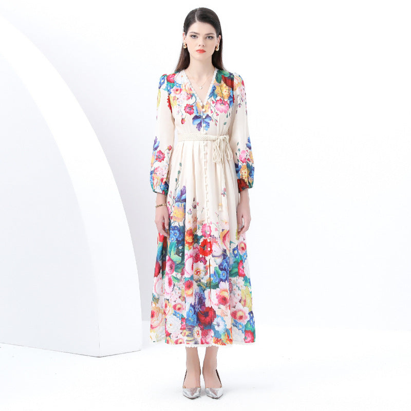 Popular style dress women's court style retro elegant lantern sleeves waist single-breasted split-ended printed long dress