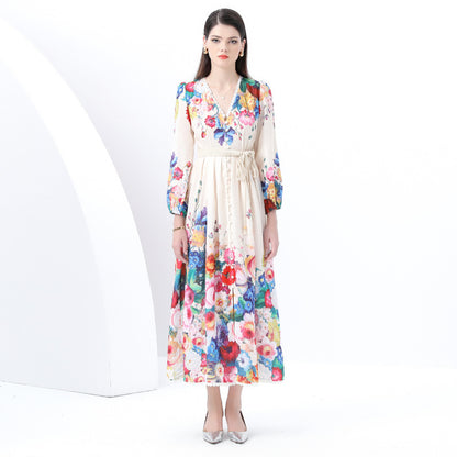Popular style dress women's court style retro elegant lantern sleeves waist single-breasted split-ended printed long dress