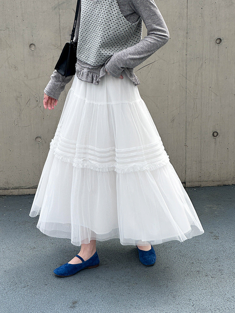 2025  spring new gentle wind pleated splicing medium and long a-shaped big pendulum mesh skirt half-body umbrella skirt 8567-1