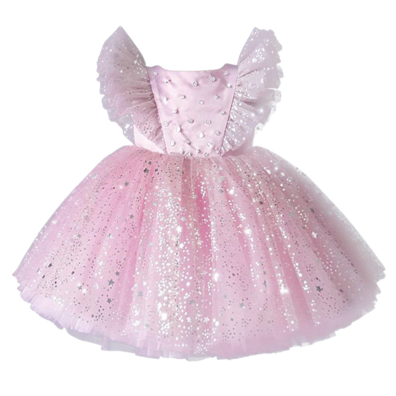 flowersverse European and American Girls Dress Children Bow Flying Sleeves Princess Dress Children's Mesh Bubble Skirt