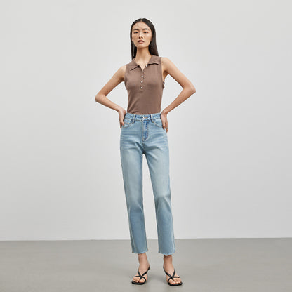 2025 High-end women's clothing, simple repair, high and thin nine-point straight pants, elastic light blue polished white Popularan jeans