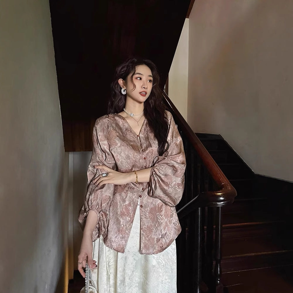 Siyuan Guofeng New Chinese Silk Linen Jacquard Tie-Dyeing Shirt High-end Light Luxury Lantern Sleeve Top Women's 9062