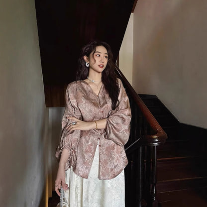 Siyuan Guofeng New Chinese Silk Linen Jacquard Tie-Dyeing Shirt High-end Light Luxury Lantern Sleeve Top Women's 9062