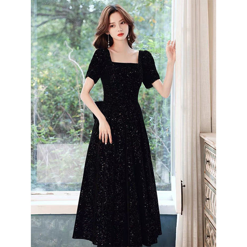2025 Temperament evening dress women's  new black velvet dress celebrity temperament  banquet dress spring