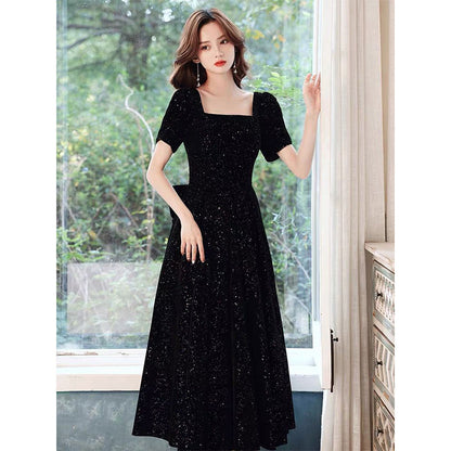 2025 Temperament evening dress women's  new black velvet dress celebrity temperament  banquet dress spring