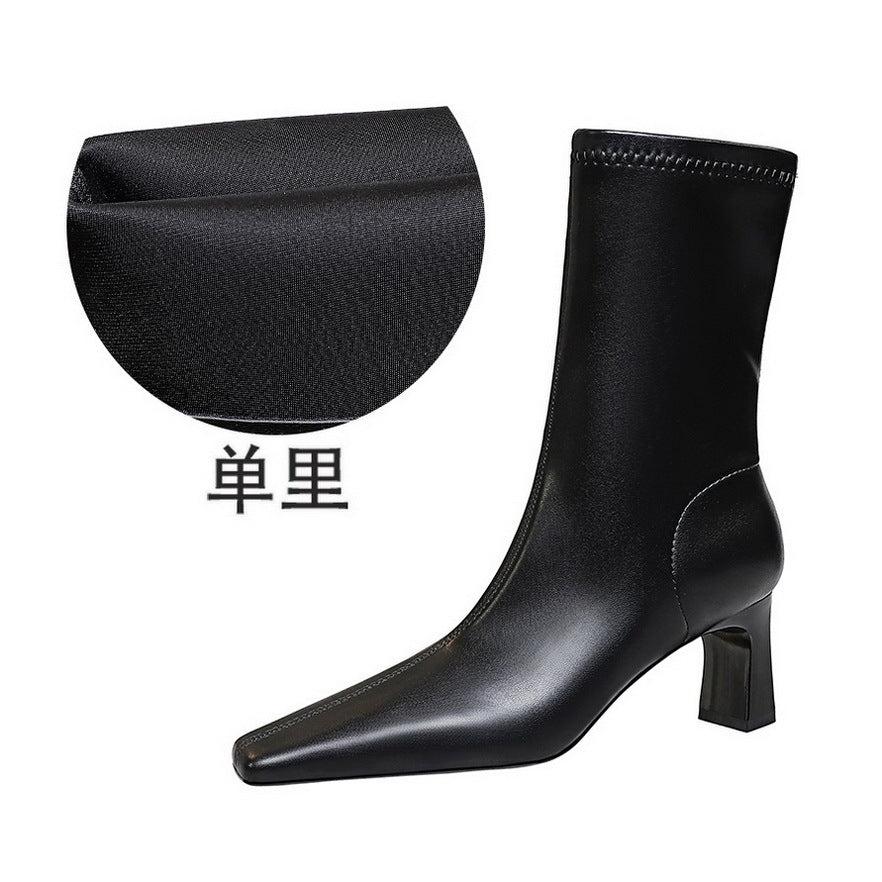 FLOWERSVERSE 2025 375-12  style fashionable simple and versatile winter short women's boots thick heel high heel square head pedicure and thin short boots