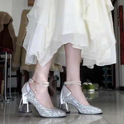 2025  silver dress high heels women's thick heel popular new 18-year-old bar mitzvah crystal main wedding dress bridal wedding shoes