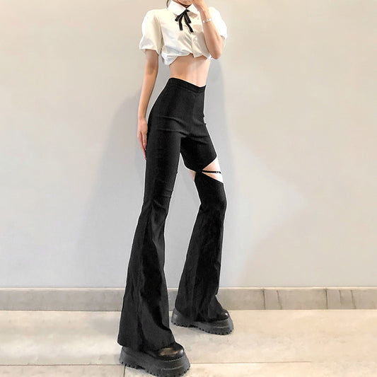 FLOWERSVERSE  Fashion Personality Hollow out Design Elegant Slim Pants European and American  Summer New High Waist Casual Pants