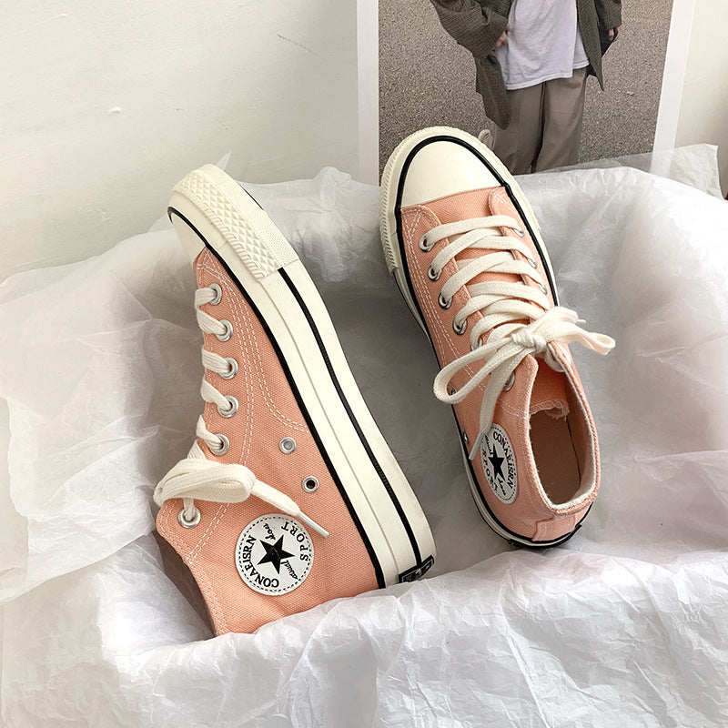 flowersverseSpring Wannian Versatile High-Top Canvas Shoes Women's Korean-Style Ulzzang Preppy Style Board Shoes Hong Kong Style Vintage Fashion Shoes