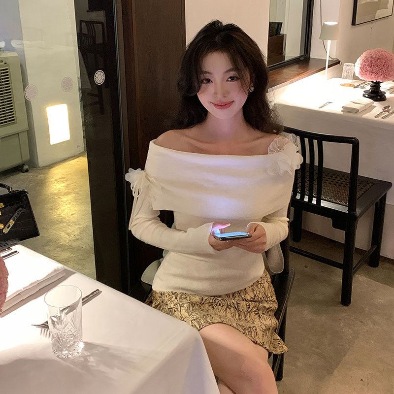 2025 spring new Korean version of flower temperament one-word neck wool knitted sweater women's top 25188