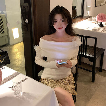 2025 spring new Korean version of flower temperament one-word neck wool knitted sweater women's top 25188