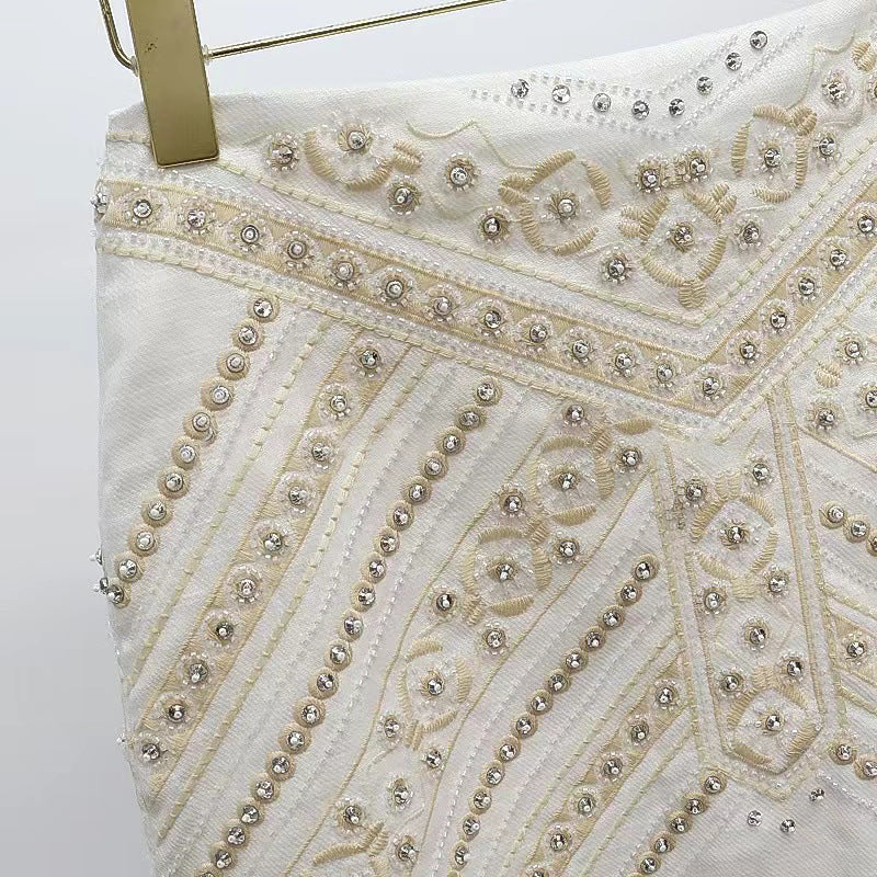 2025 spring new court luxury beaded high waist skirt linen A-word skirt