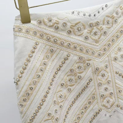 2025 spring new court luxury beaded high waist skirt linen A-word skirt