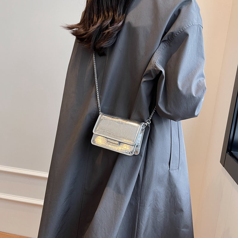 FLOWERSVERSE 2025 Small bag women's new silver glossy mini square bag crocodile pattern embossed chain messenger bag air cushion mouth red envelope