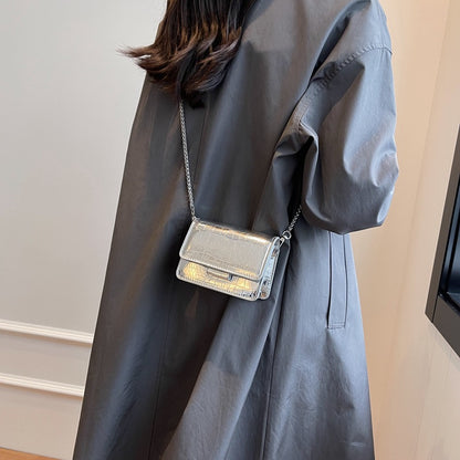 FLOWERSVERSE 2025 Small bag women's new silver glossy mini square bag crocodile pattern embossed chain messenger bag air cushion mouth red envelope