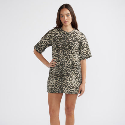 Popular trade women's clothing wholesale New  leopard print dress  new loose short-sleeved crew neck skirt