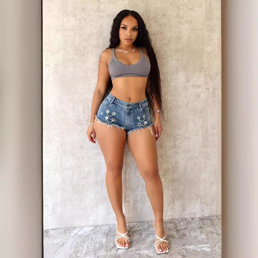 flowersverse Summer  New HOTan and NEWn Sexy Denim Shorts Women's Eye Metal Ring Hot Pants Jeans Bar