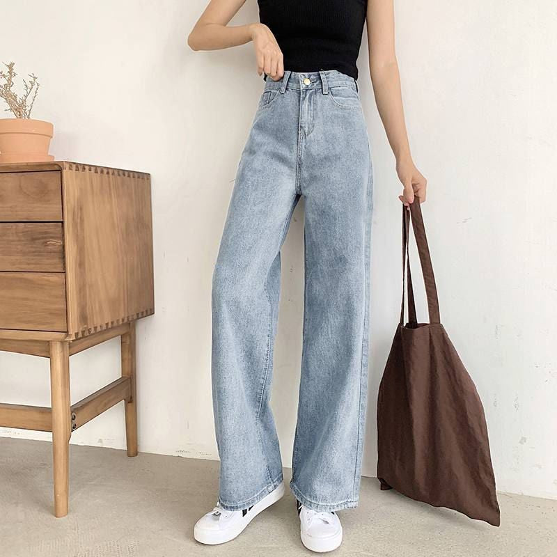 flowersverse Women's Wide-Leg Jeans Loose  Autumn and Winter New Hong Kong Style Retro High Waist Drooping Chic Straight Mopping Pants