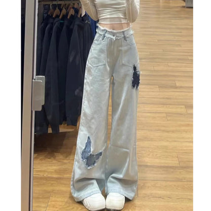 flowersverse Light Blue Rough Edges Butterfly Straight Jeans Women's Autumn New Embroidery Design Sense High Waist Loose and Slimming Wide Leg Pants